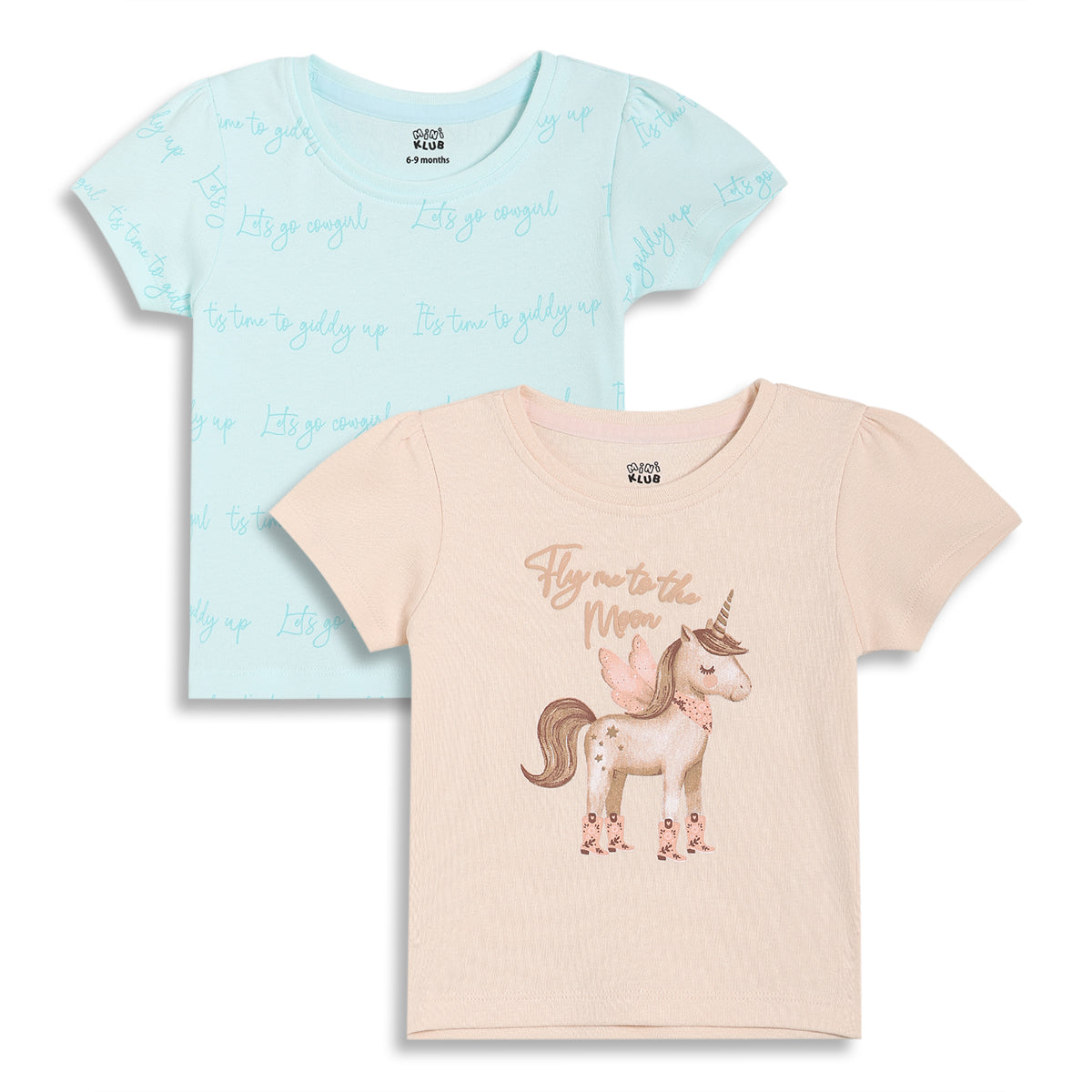 Baby Girls Unicorn Print Tops Pack of 2, Mint and Beige