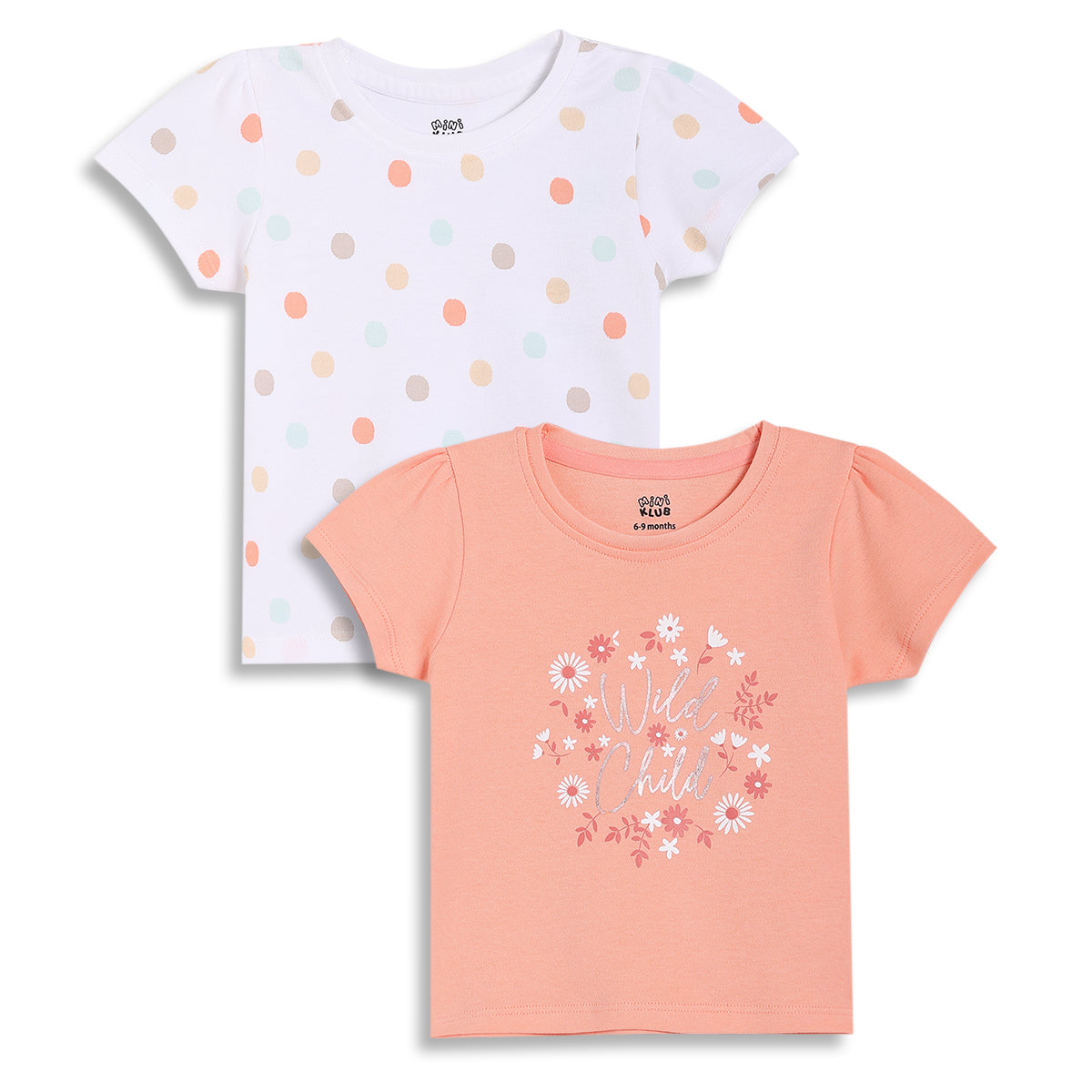 Baby Girls Polka Dot and Wild Child Print Tops Pack of 2, White and Peach