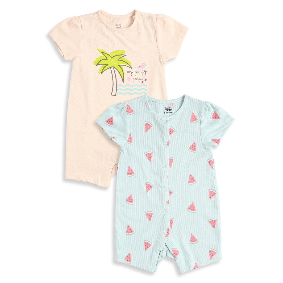 Baby Girls Pack of 2 Printed Cotton Rompers with Front Snap Closure and Short Sleeves