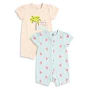 Baby Girls Pack of 2 Printed Cotton Rompers with Front Snap Closure and Short Sleeves