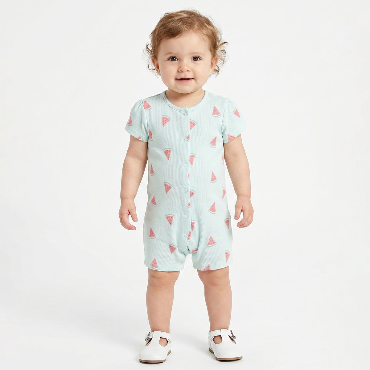 Baby Girls Pack of 2 Printed Cotton Rompers with Front Snap Closure and Short Sleeves