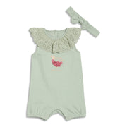 Baby Girls Duck Applique Romper with Headband, Light Green