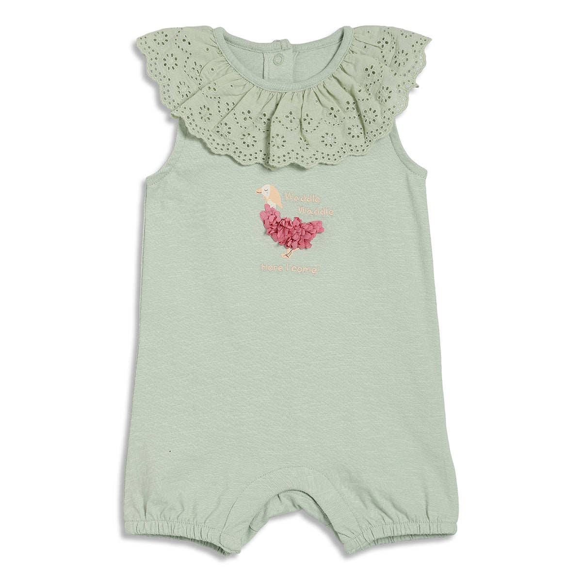 Baby Girls Duck Applique Romper with Headband, Light Green