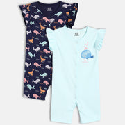 Baby Girls Whale Print Knit Rompers Pack of 2, Navy Blue and Aqua Blue