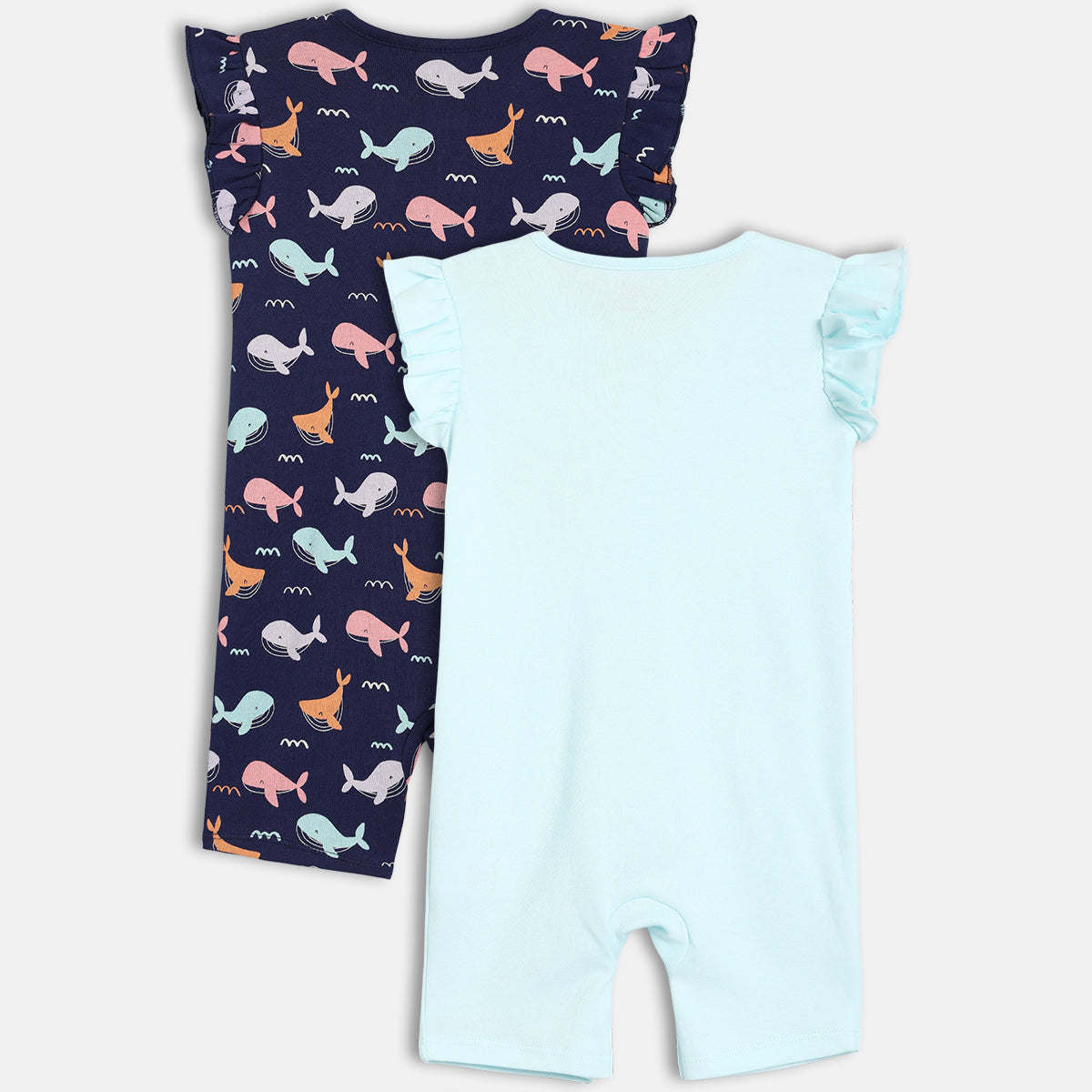 Baby Girls Whale Print Knit Rompers Pack of 2, Navy Blue and Aqua Blue