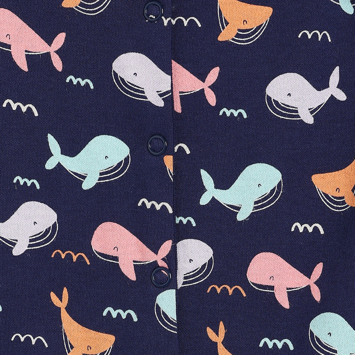 Baby Girls Whale Print Knit Rompers Pack of 2, Navy Blue and Aqua Blue