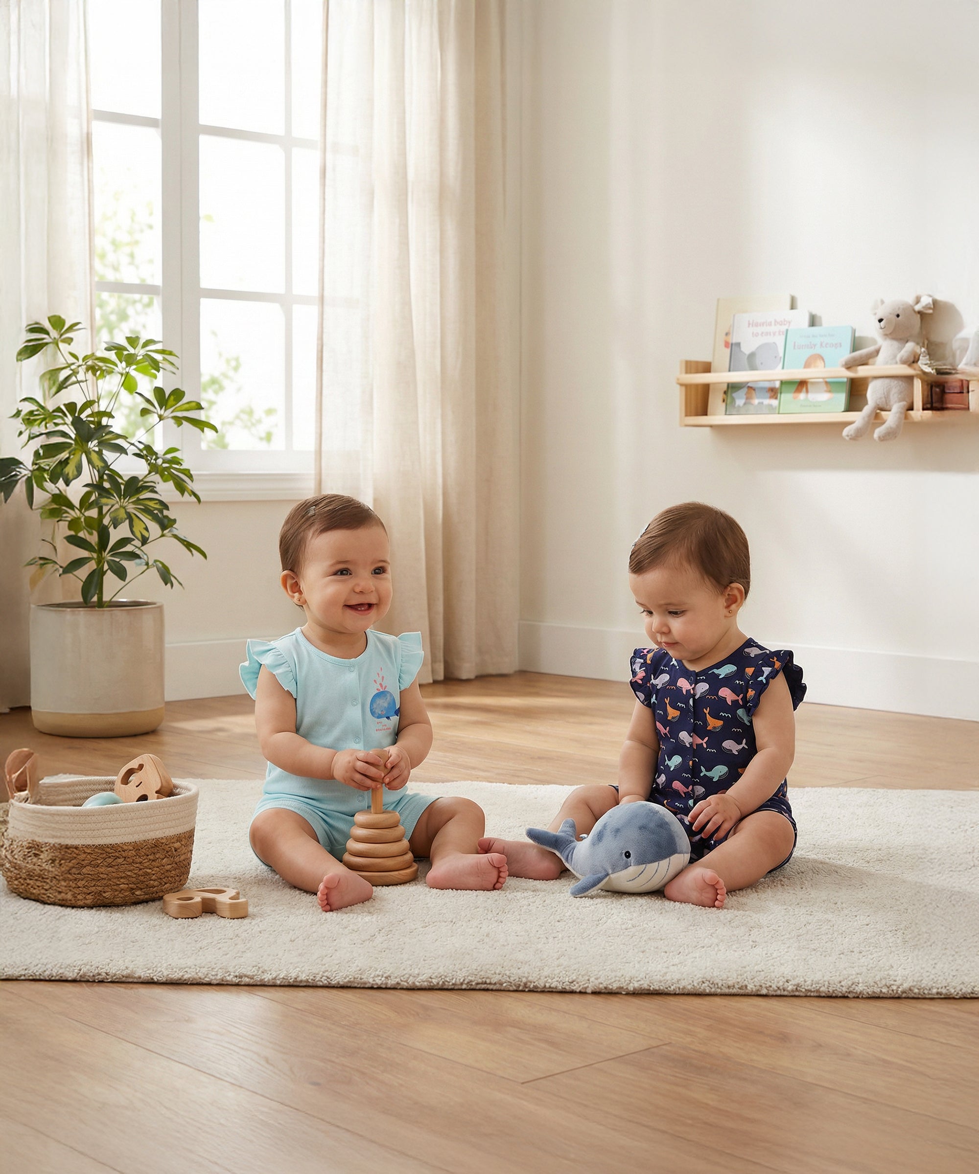 Baby Girls Whale Print Knit Rompers Pack of 2, Navy Blue and Aqua Blue