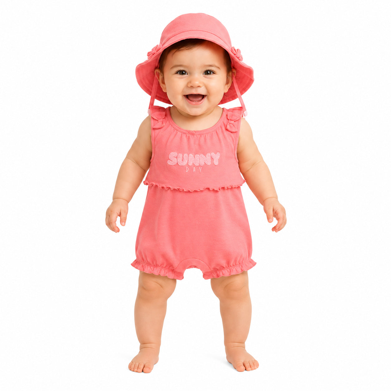 Baby Girls Text Embroidered Romper With Cap, Pink
