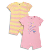 Baby Girls Floral Slogan Print Rompers Pack of 2, Pink & Yellow