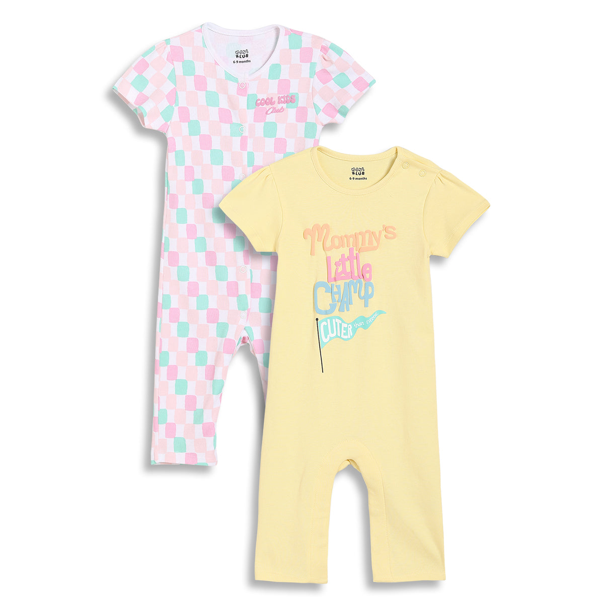 Baby Girls Typography Print and Check Pattern Rompers Pack of 2, Yellow and White