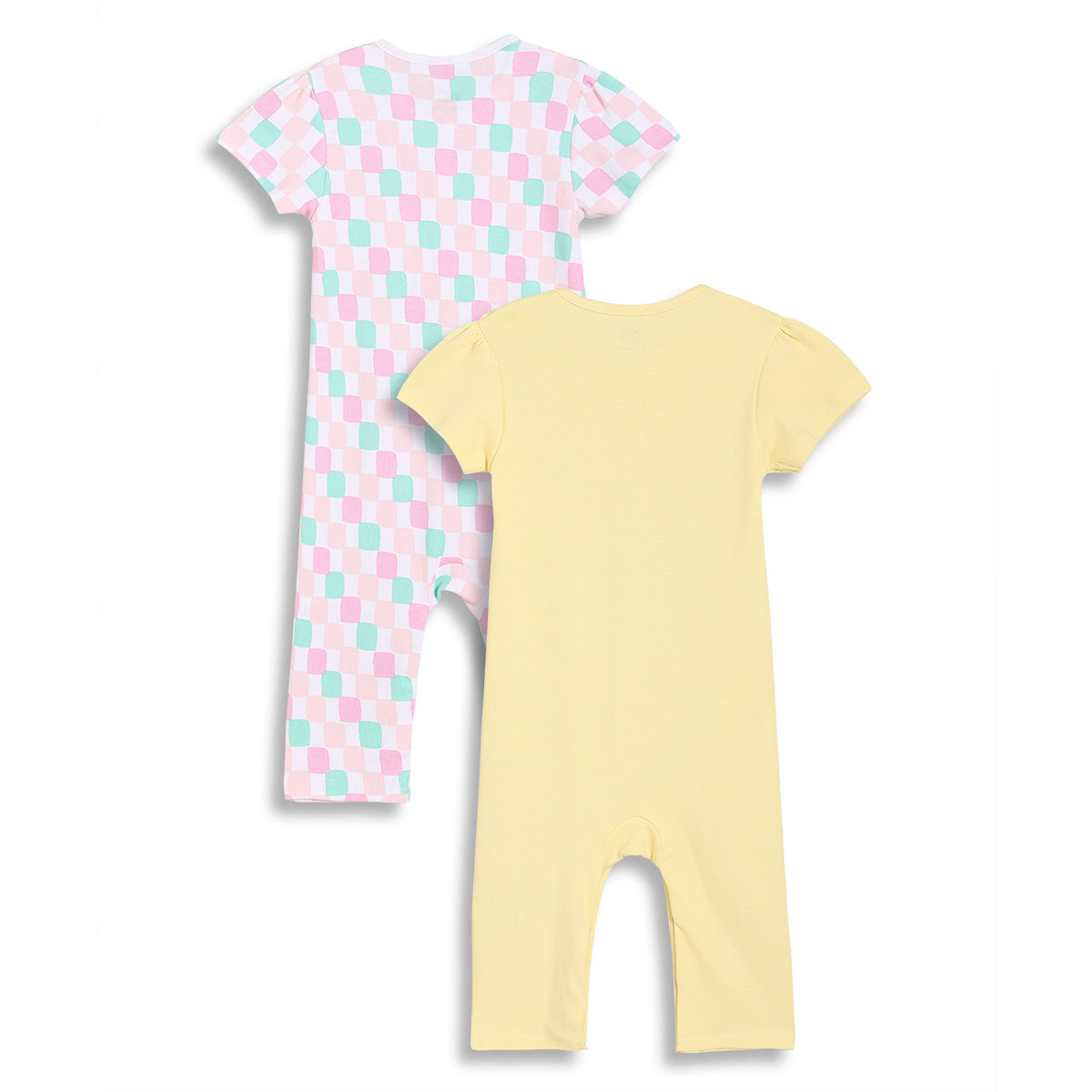 Baby Girls Typography Print and Check Pattern Rompers Pack of 2, Yellow and White