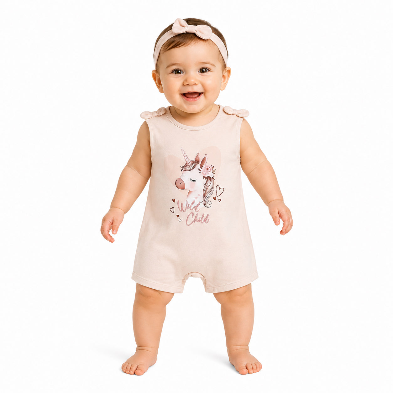 Baby Girls Unicorn Print Romper with Headband, Beige