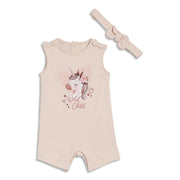 Baby Girls Unicorn Print Romper with Headband, Beige