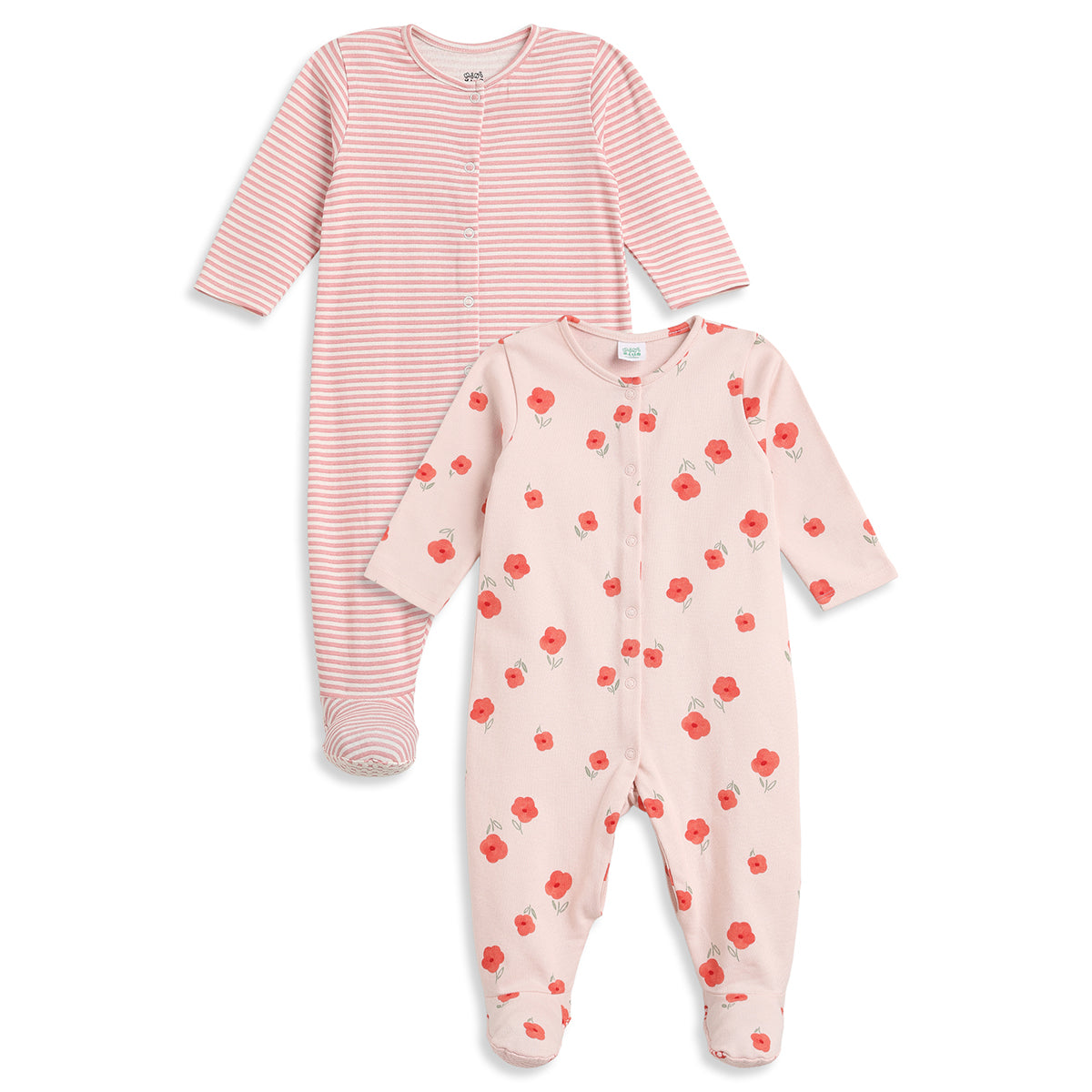 Baby Girls Pink & Peach Cotton Full Sleeves Sleepsuit Pack of 2 Regular Fit Casual Baby Sleepsuits