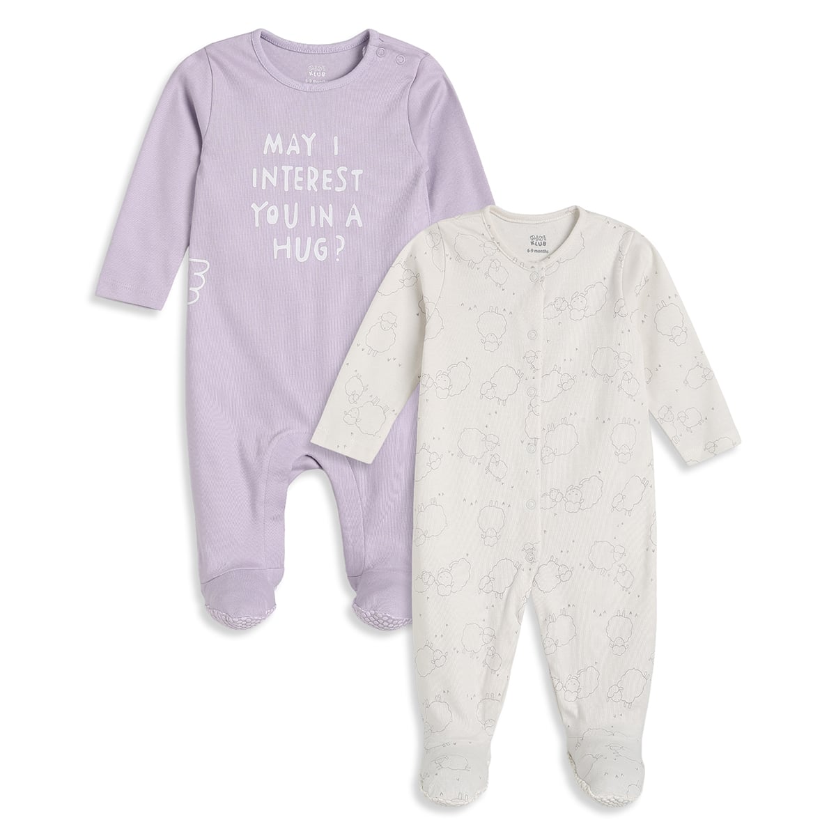 Baby Boys Lavender And Cream Cotton Printed Footed Sleepsuits Pack Of 2 Regular Fit Casual Wear