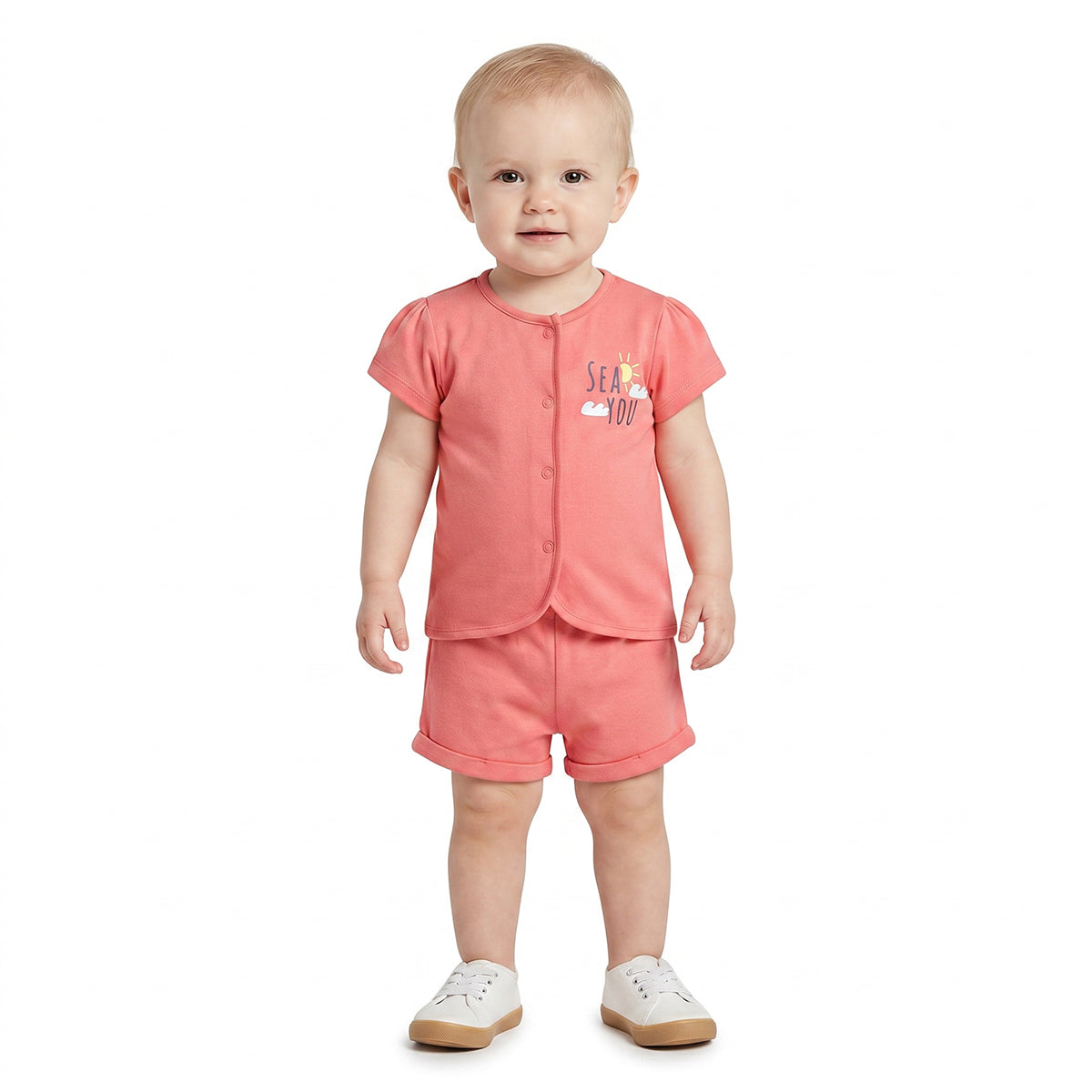 Baby Girls Solid And Sea Life Printed Shorts Pack Of 2, Multicolor