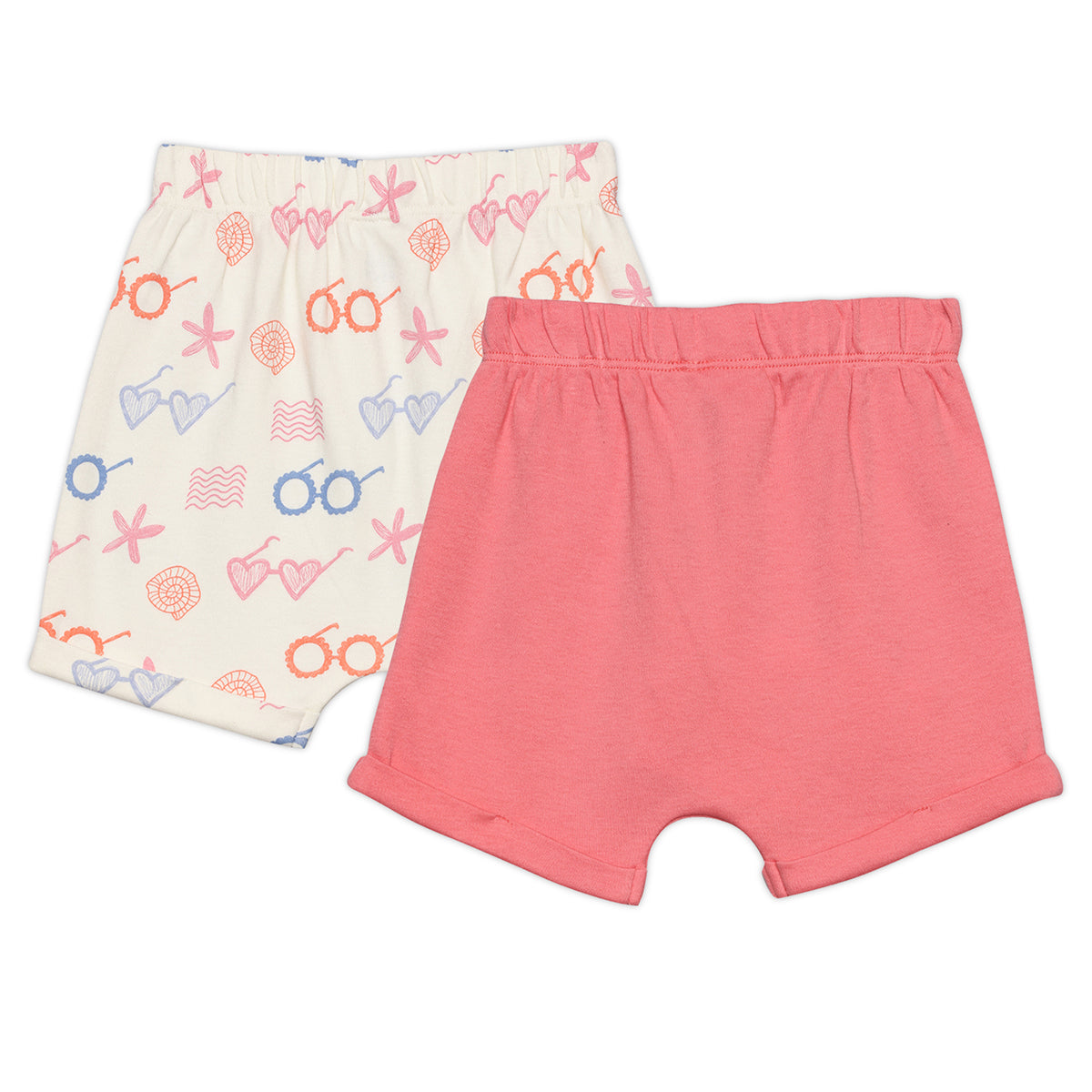 Baby Girls Solid And Sea Life Printed Shorts Pack Of 2, Multicolor