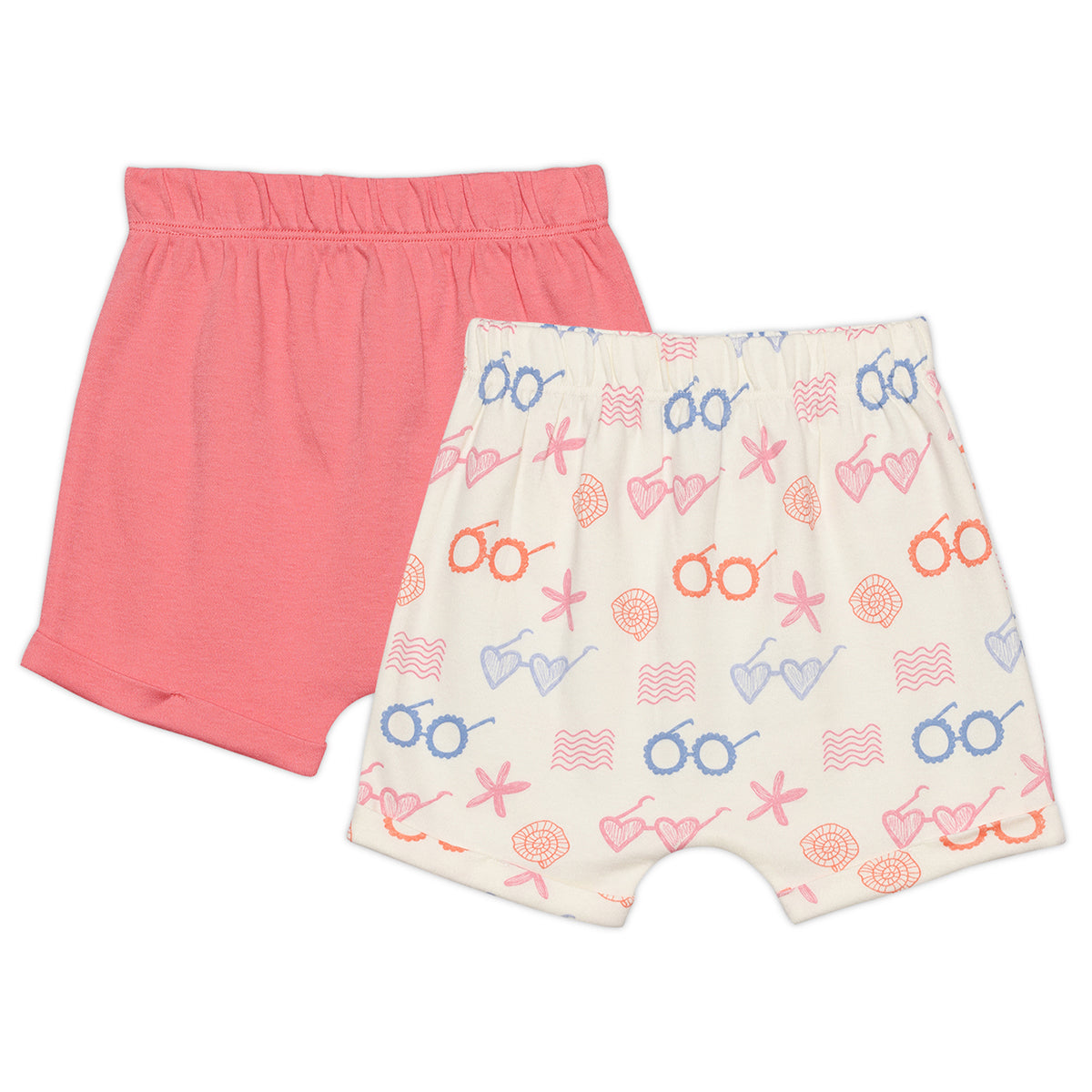 Baby Girls Solid And Sea Life Printed Shorts Pack Of 2, Multicolor