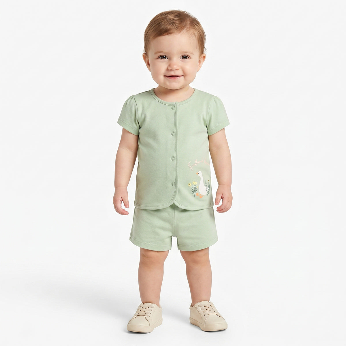 Baby Girls Floral Print and Solid Shorts Pack of 2, Cream and Green