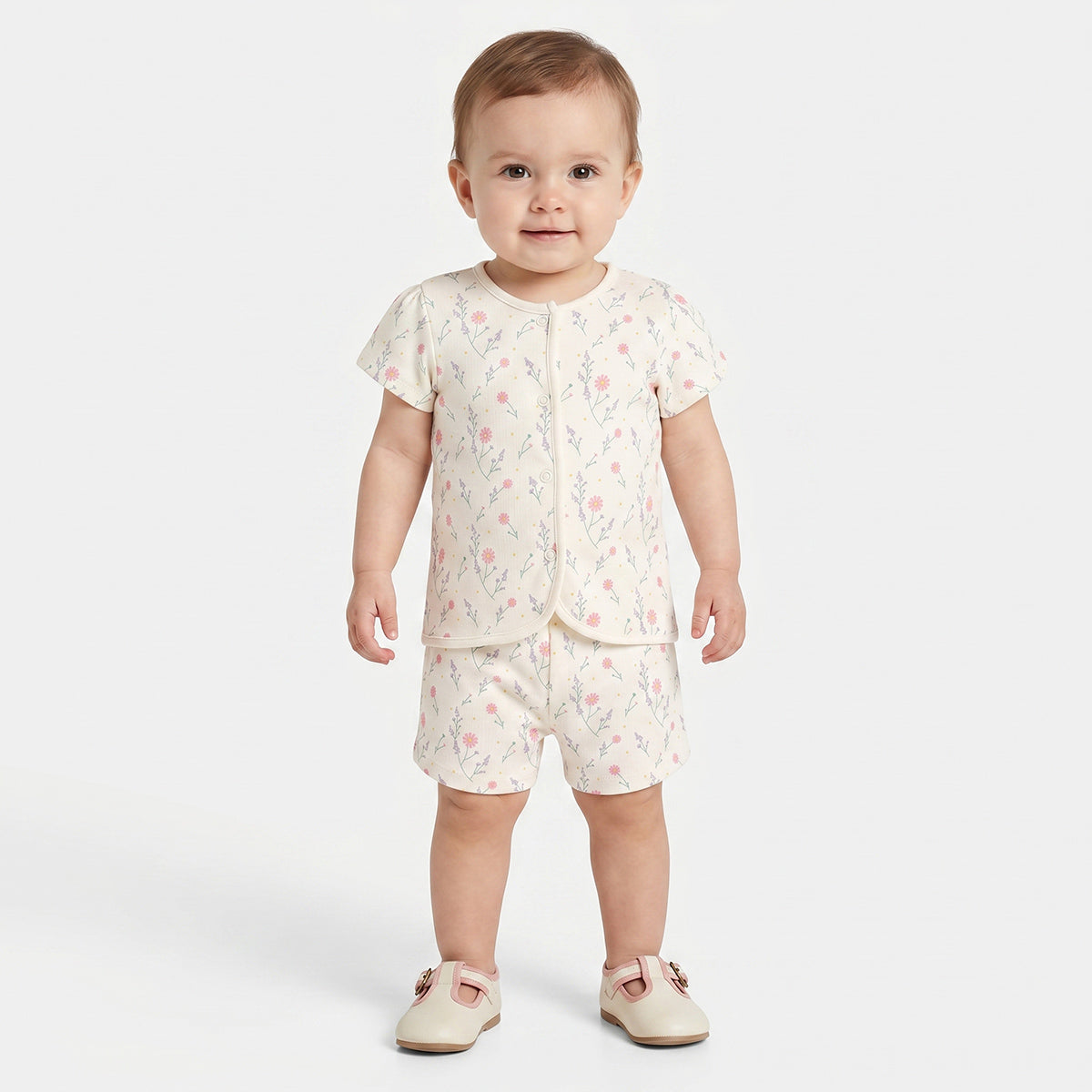 Baby Girls Floral Print and Solid Shorts Pack of 2, Cream and Green