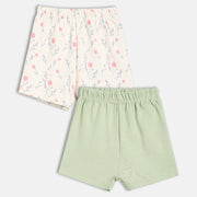 Baby Girls Floral Print and Solid Shorts Pack of 2, Cream and Green