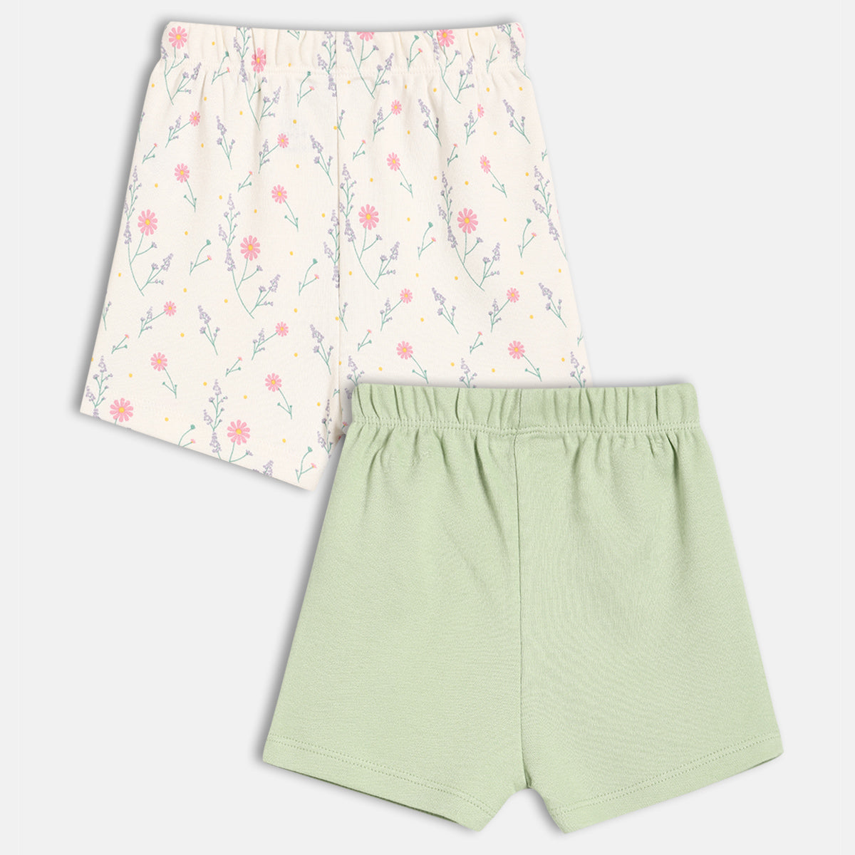Baby Girls Floral Print and Solid Shorts Pack of 2, Cream and Green