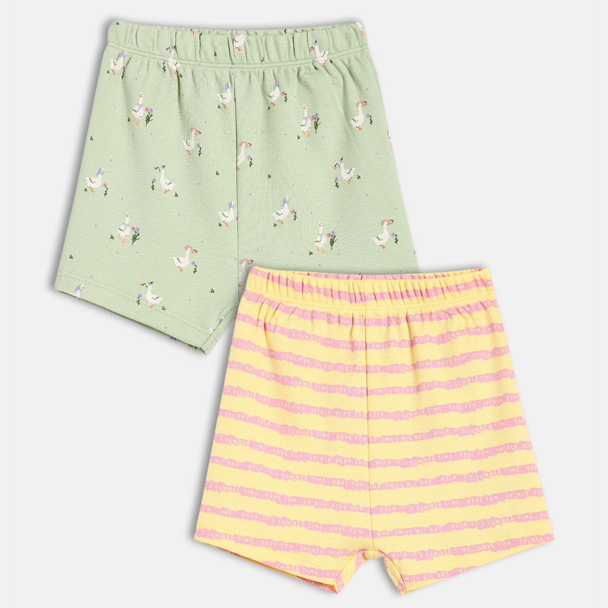 Baby Girls Duck Print and Striped Shorts Pack of 2, Green and Yellow