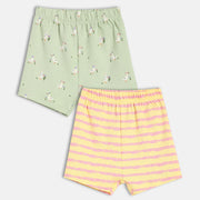 Baby Girls Duck Print and Striped Shorts Pack of 2, Green and Yellow