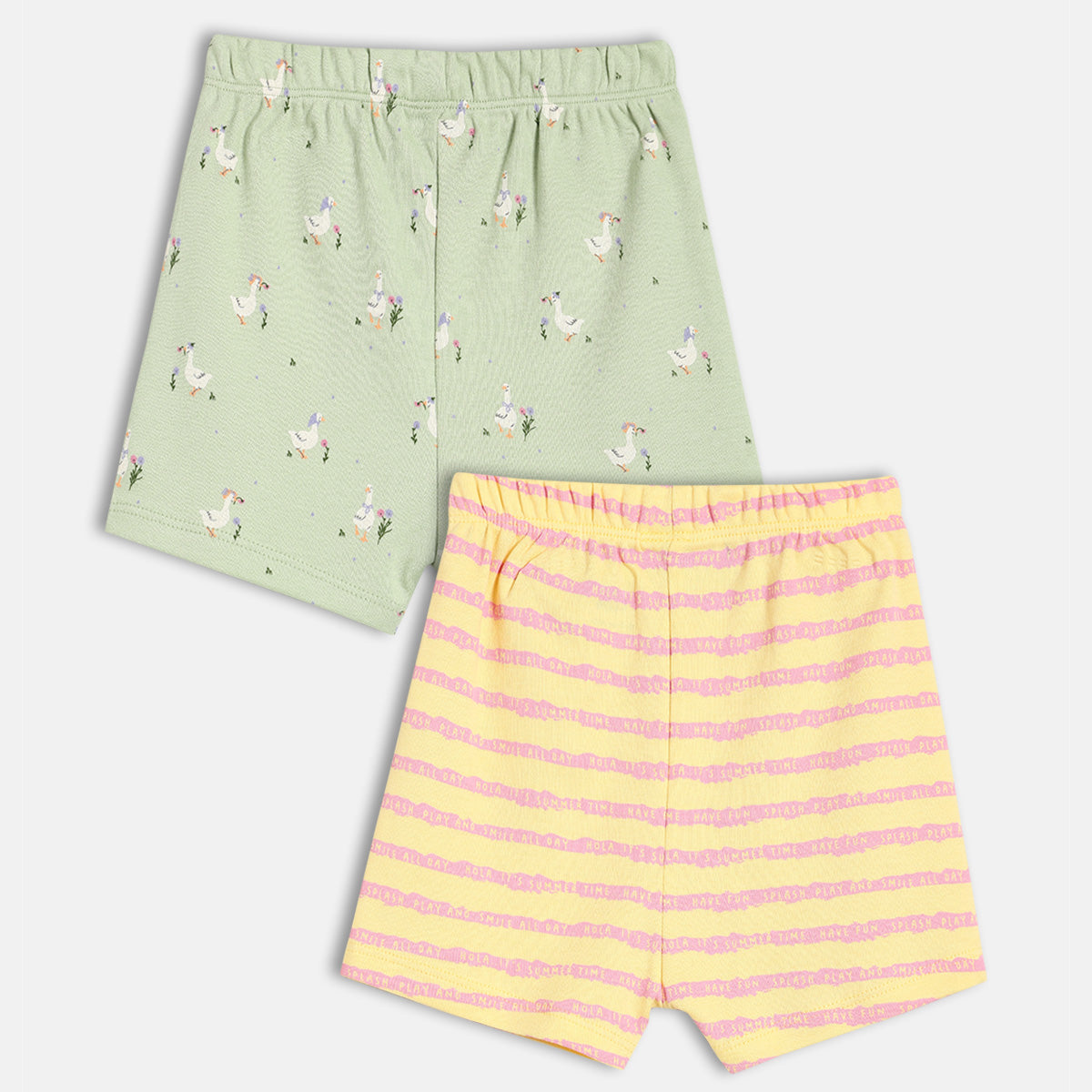 Baby Girls Duck Print and Striped Shorts Pack of 2, Green and Yellow
