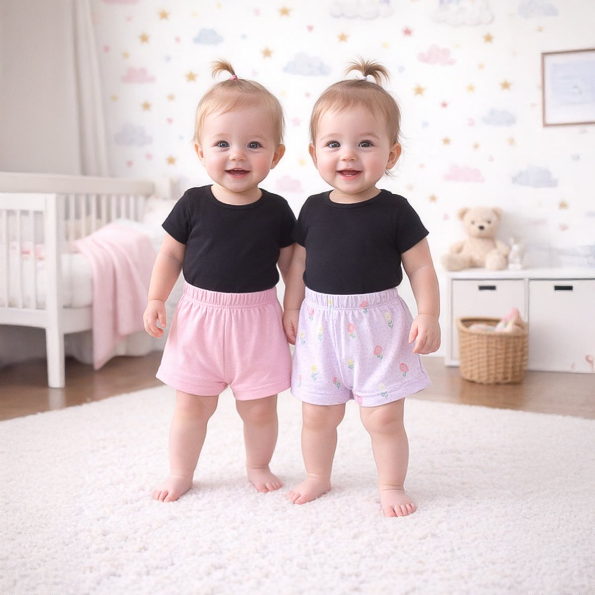 Baby Girls Floral Print Shorts Pack of 2, Purple & Pink