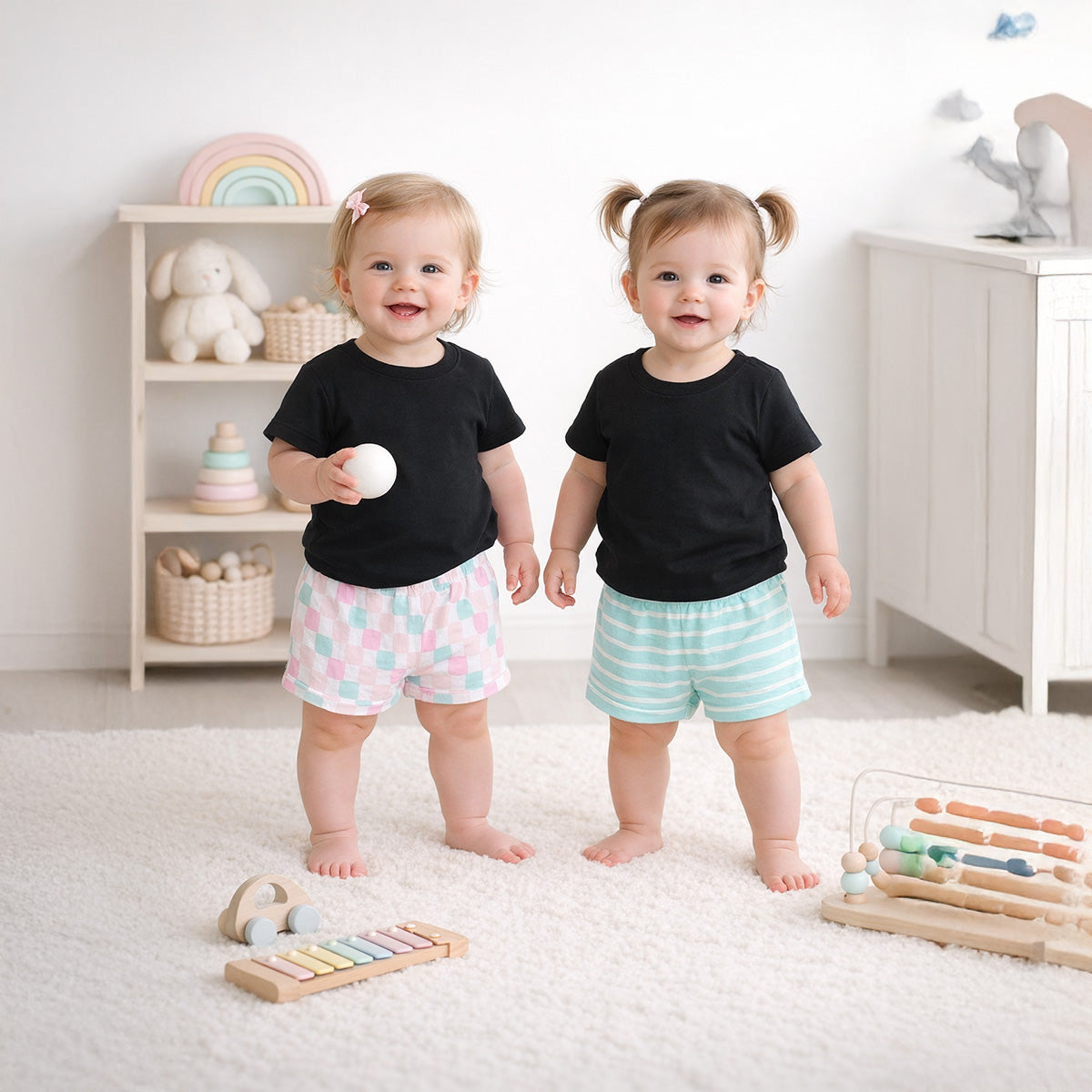 Baby Girls Printed Knit Shorts Pack of 2, Mint Green & Pink