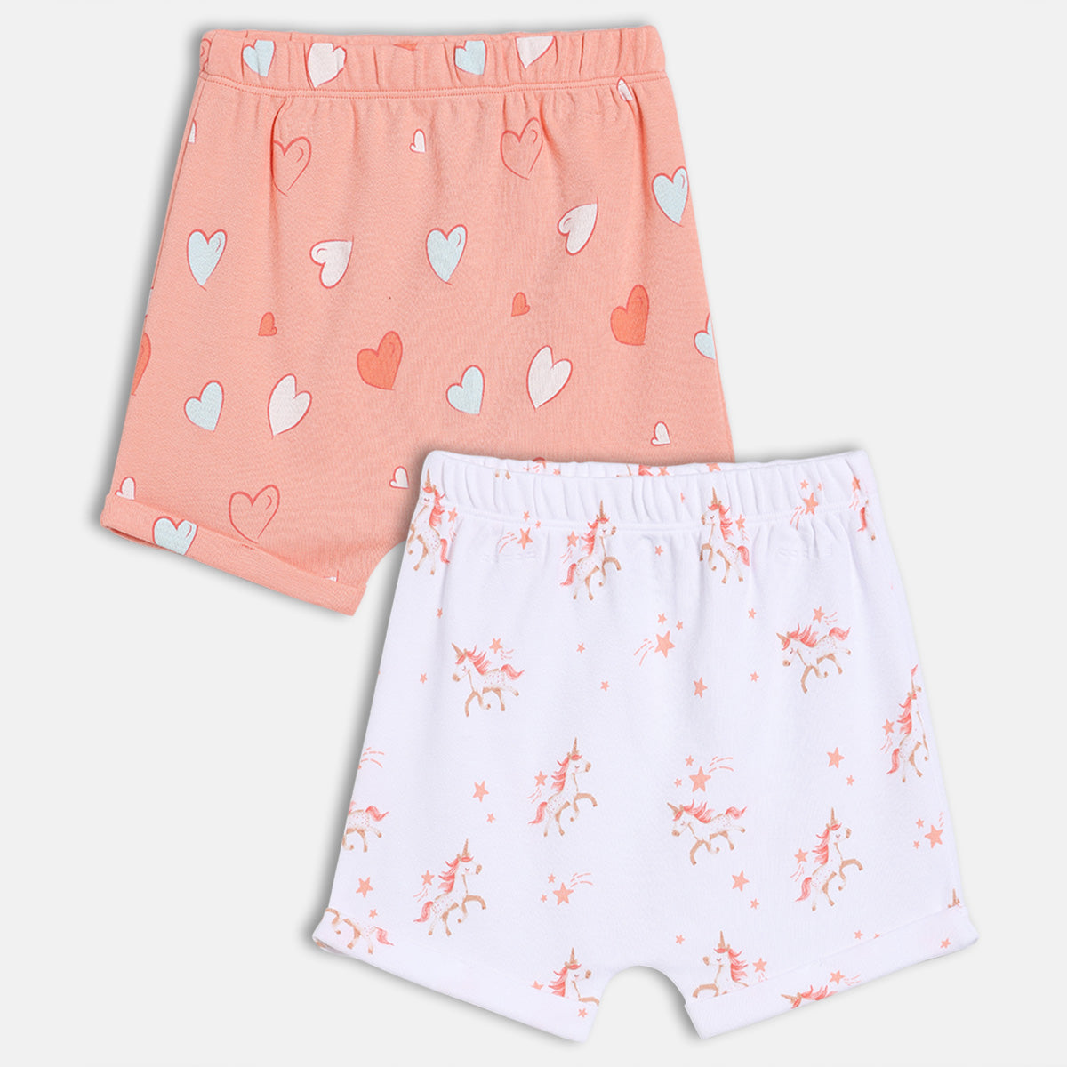 New Born Girls Heart & Unicorn Print Shorts Pack of 2, White and Peach