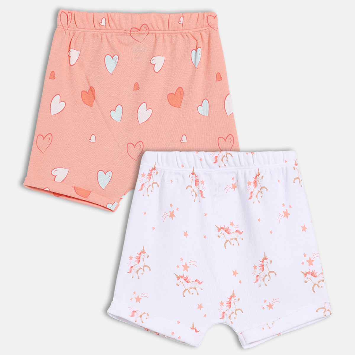 New Born Girls Heart & Unicorn Print Shorts Pack of 2, White and Peach