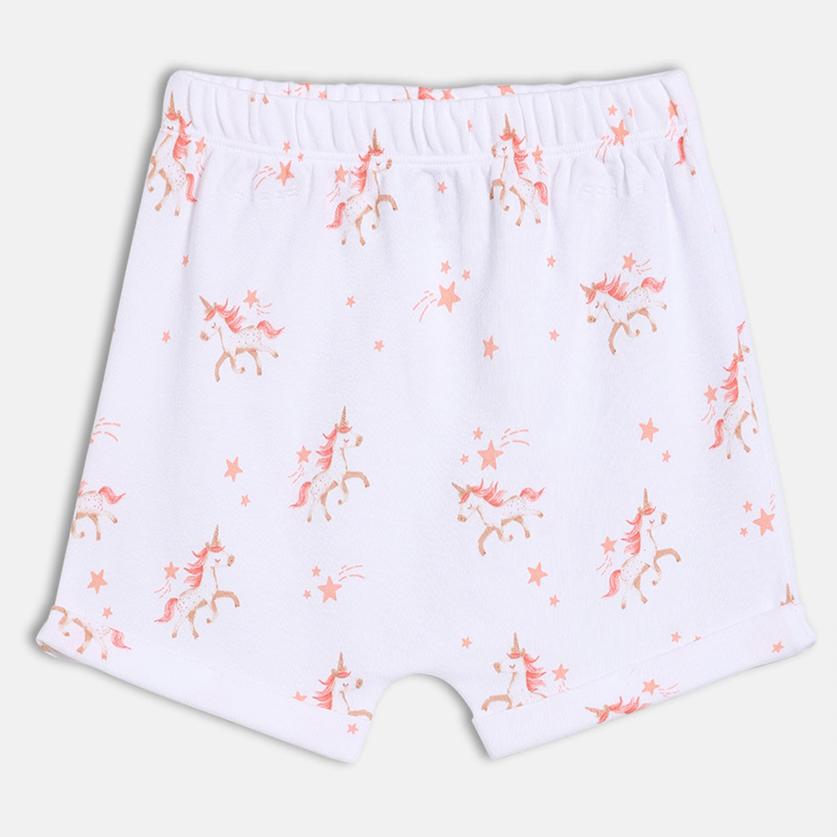 New Born Girls Heart & Unicorn Print Shorts Pack of 2, White and Peach