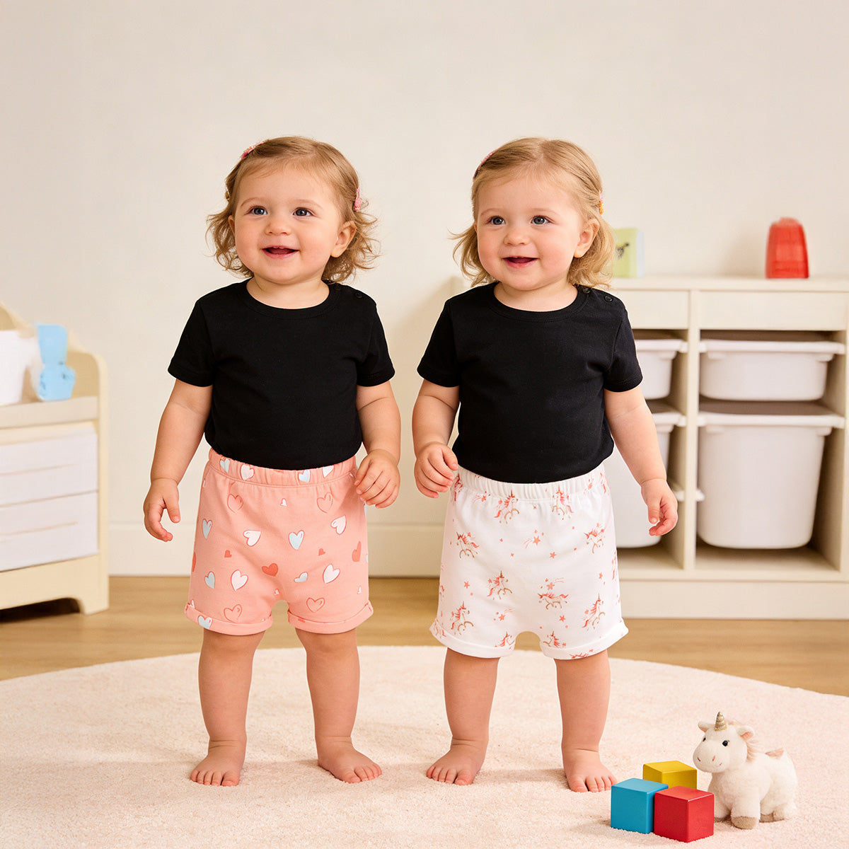 New Born Girls Heart & Unicorn Print Shorts Pack of 2, White and Peach