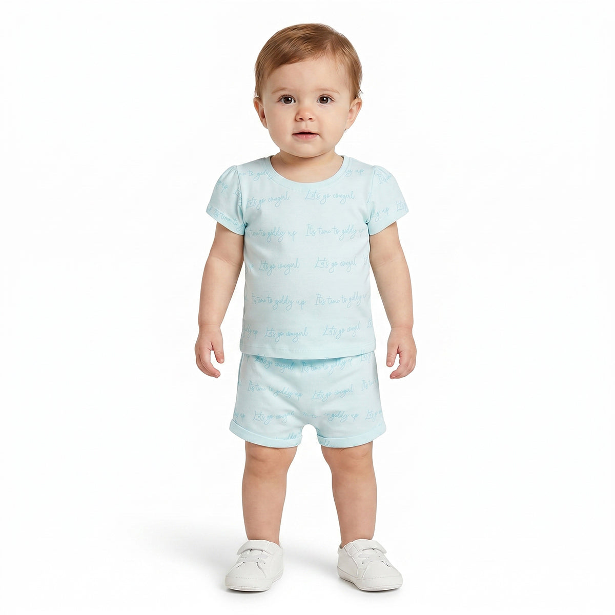 Baby Girls Text Print Shorts Pack of 2, Aqua Blue and Peach