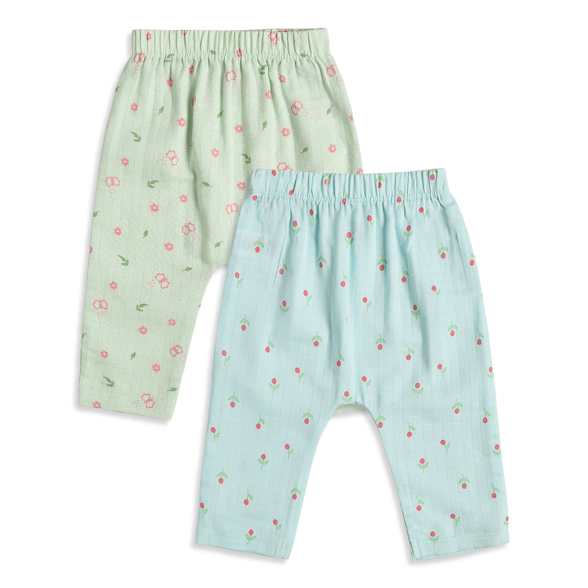 Baby Girls Green & Aqua Floral Print Cotton Knit Bottom Pack of 2 Regular Fit Casual Pants