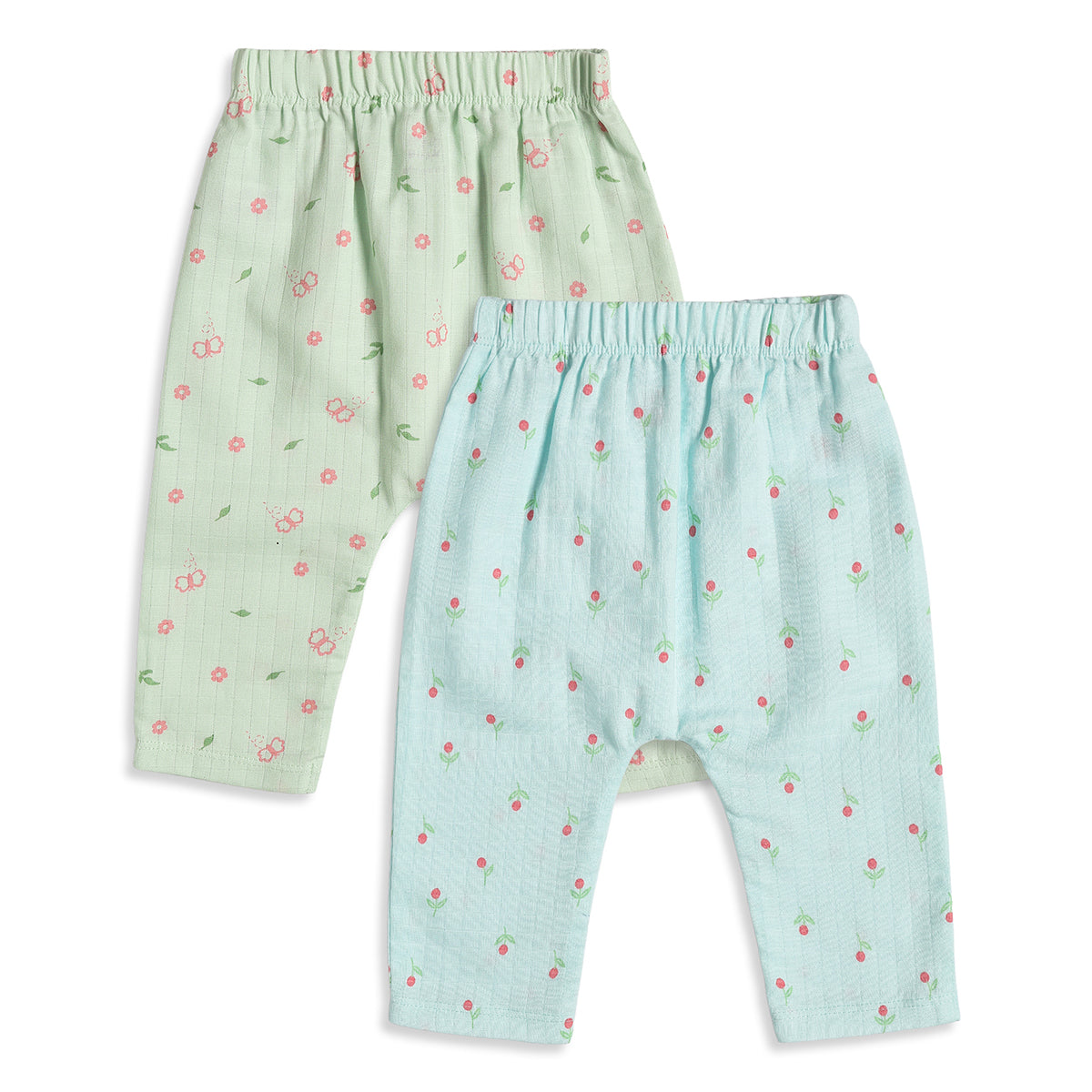 Baby Girls Green & Aqua Floral Print Cotton Knit Bottom Pack of 2 Regular Fit Casual Pants