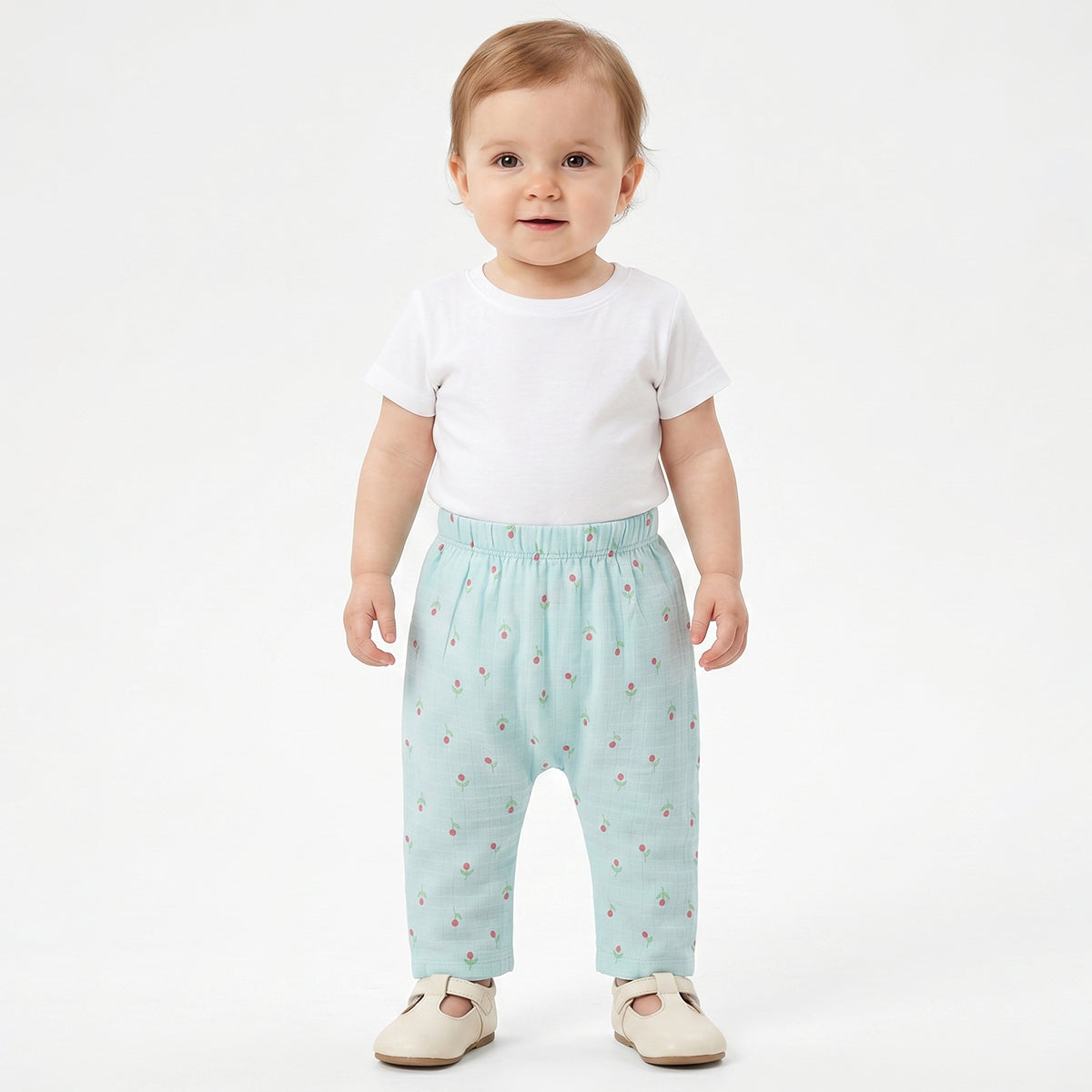 Baby Girls Green & Aqua Floral Print Cotton Knit Bottom Pack of 2 Regular Fit Casual Pants