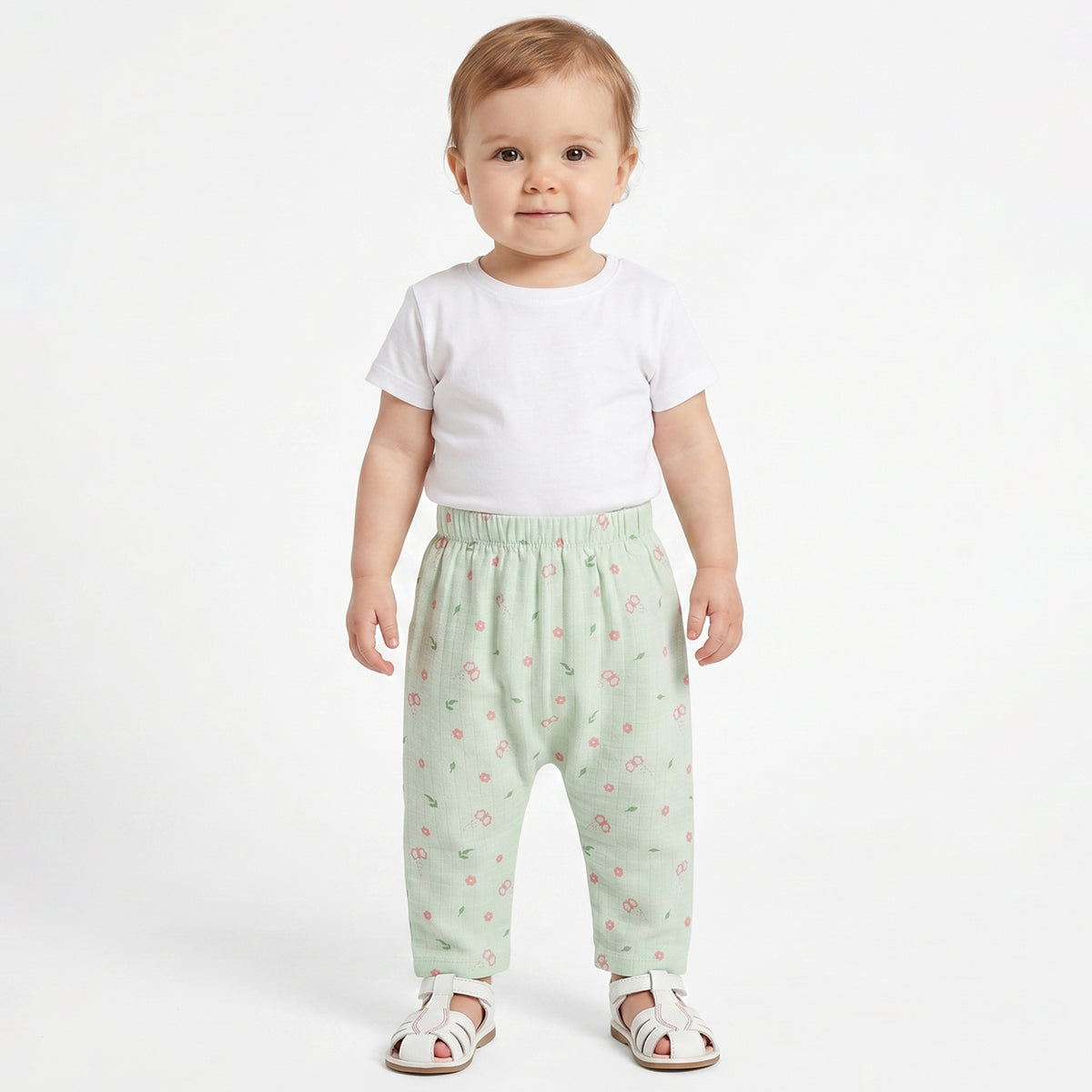 Baby Girls Green & Aqua Floral Print Cotton Knit Bottom Pack of 2 Regular Fit Casual Pants