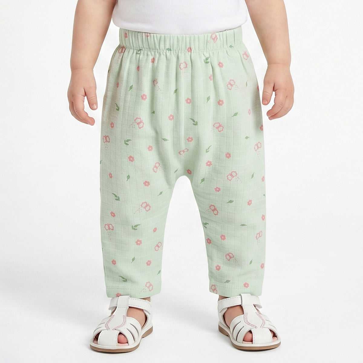 Baby Girls Green & Aqua Floral Print Cotton Knit Bottom Pack of 2 Regular Fit Casual Pants
