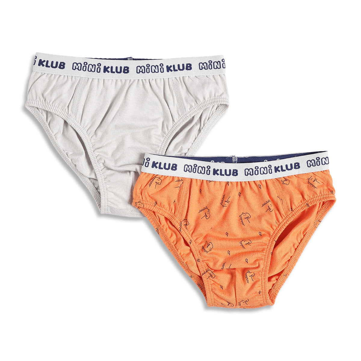 Baby Boys Dinosaur Print and Solid Briefs Pack of 2, Orange and White