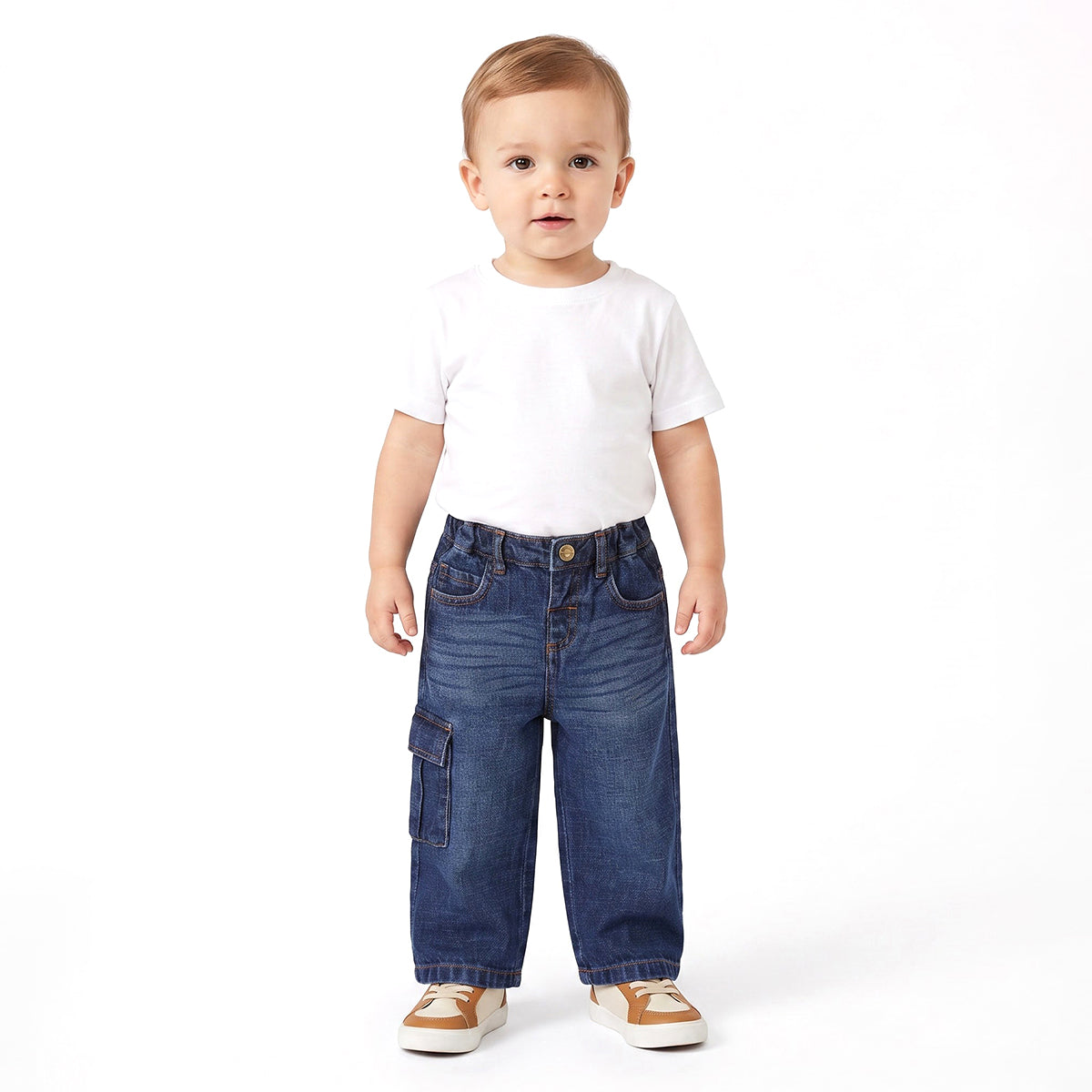 Baby Boys Dark Blue Cotton Blend Cargo Denim Pants Regular Fit