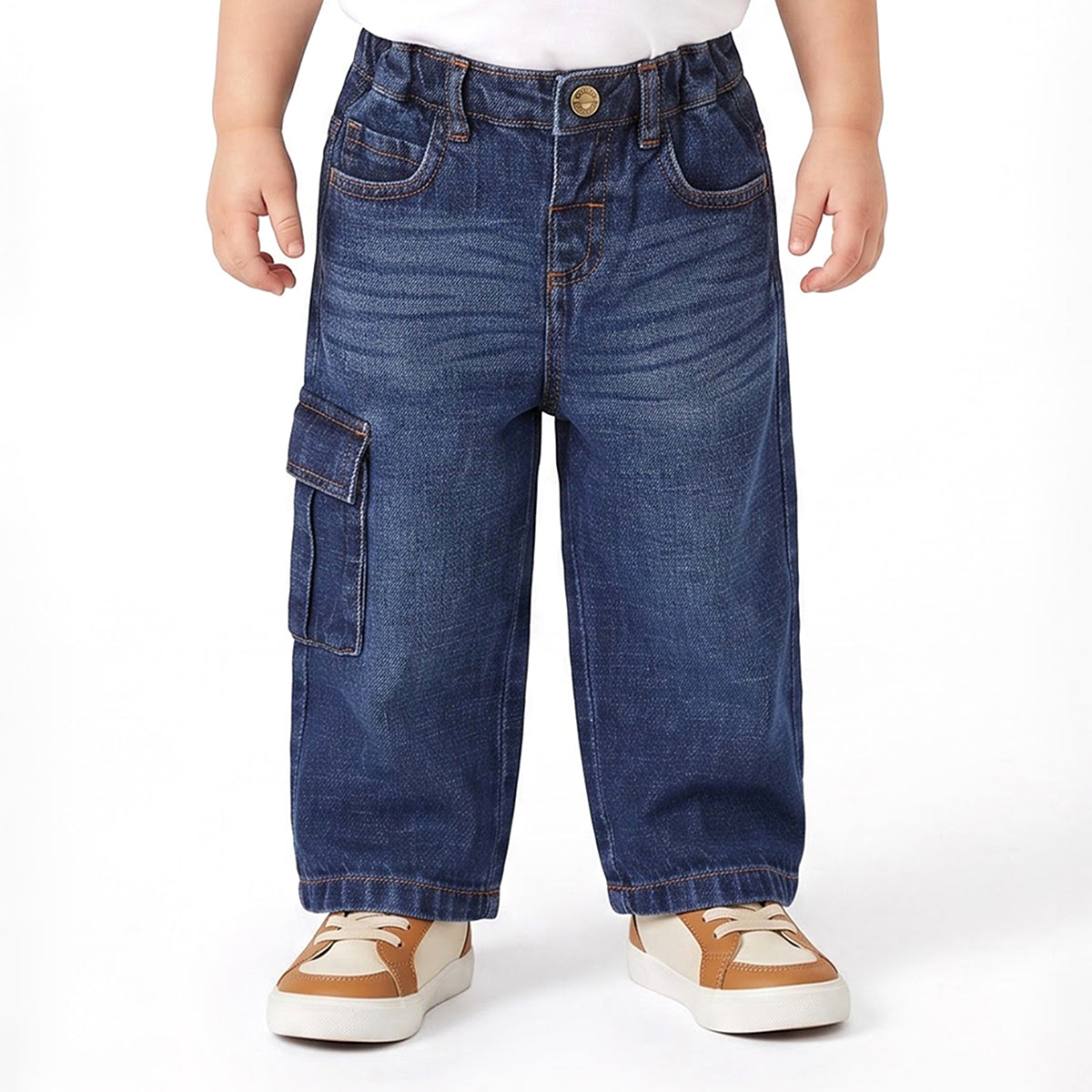 Baby Boys Dark Blue Cotton Blend Cargo Denim Pants Regular Fit