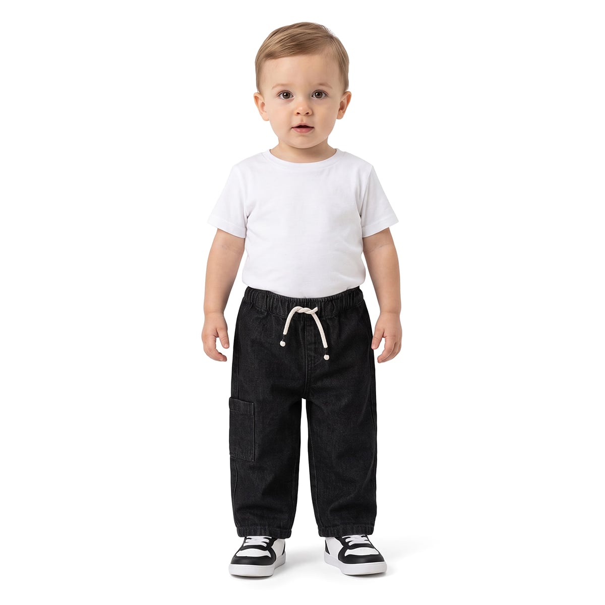 Baby Boys Black Cotton Denim Cargo Pants Wide-Leg Casual Wear