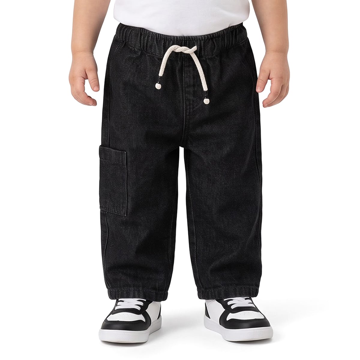 Baby Boys Black Cotton Denim Cargo Pants Wide-Leg Casual Wear