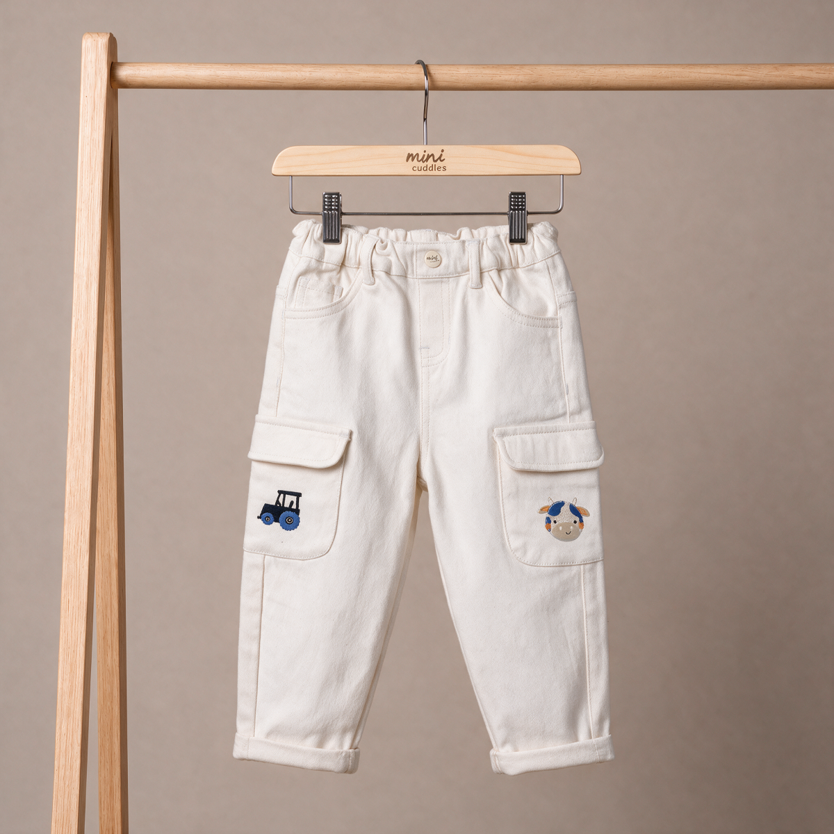 Baby Boys White Denim Tractor And Cow Printed Pant Regular Fit Casual Wear