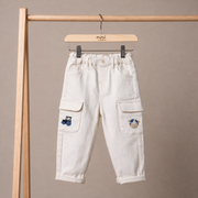 Baby Boys White Denim Tractor And Cow Printed Pant Regular Fit Casual Wear