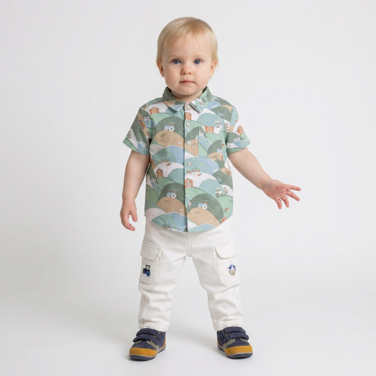 Baby Boys White Denim Tractor And Cow Printed Pant Regular Fit Casual Wear