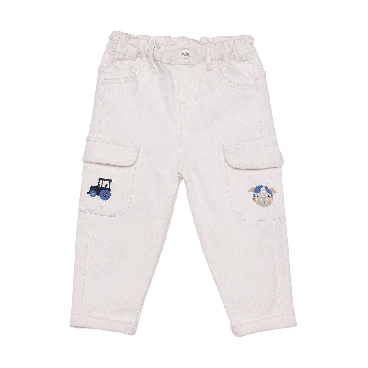Baby Boys White Denim Tractor And Cow Printed Pant Regular Fit Casual Wear